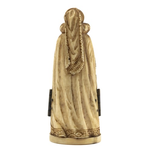 653 - A 19th century French bone carving of Mary Queen of Scots, the lower section with two hinged parts, ... 