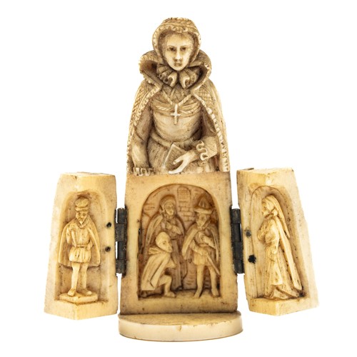 653 - A 19th century French bone carving of Mary Queen of Scots, the lower section with two hinged parts, ... 