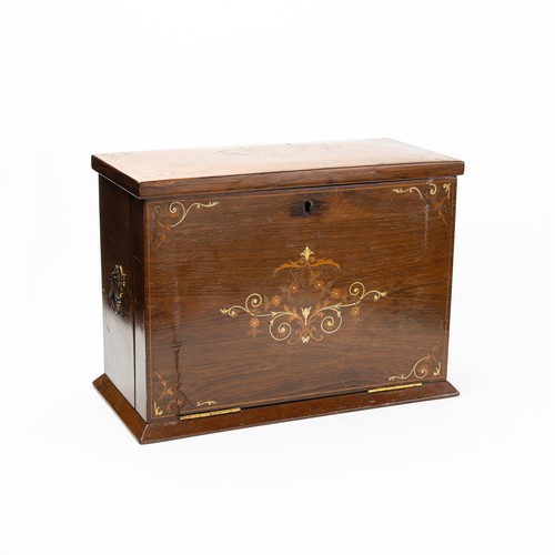 659 - An Edwardian marquetry inlaid rosewood, table top writing cabinet, fitted side carrying handles, the... 