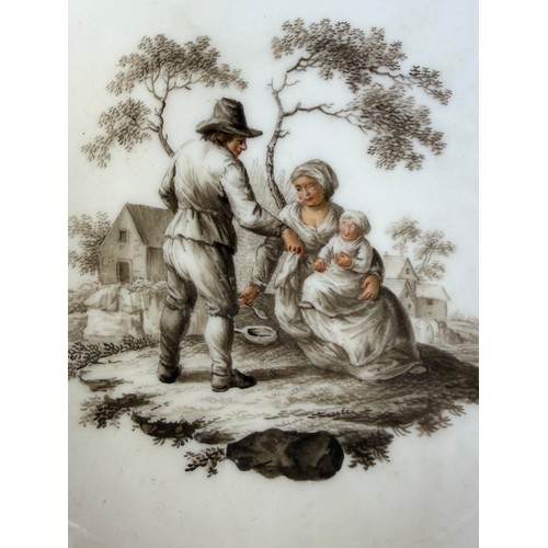 546 - A Meissen porcelain lidded cup and saucer, en grisaille painted decoration of peasant figures in lan... 