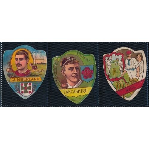 195 - 3 Shield Shape Baines Cards to include: Cumberland (J. Lomas), Lancashire (R. Valentine) crease to t... 