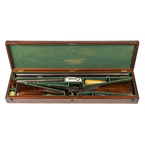 546 - Cased percussion cap shotgun and walking stick pistol, with side by side 75cm Damascus barrels, rib ... 