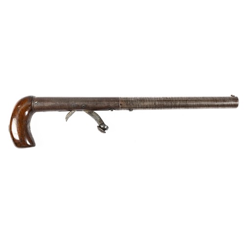 546 - Cased percussion cap shotgun and walking stick pistol, with side by side 75cm Damascus barrels, rib ... 