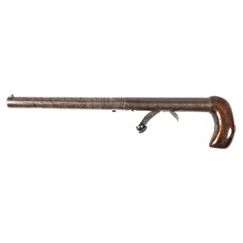 546 - Cased percussion cap shotgun and walking stick pistol, with side by side 75cm Damascus barrels, rib ... 