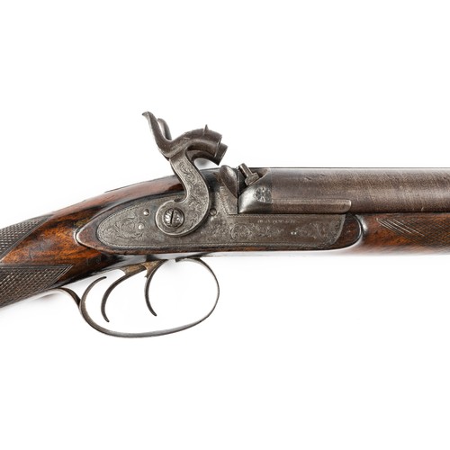 546 - Cased percussion cap shotgun and walking stick pistol, with side by side 75cm Damascus barrels, rib ... 