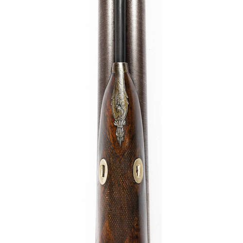 546 - Cased percussion cap shotgun and walking stick pistol, with side by side 75cm Damascus barrels, rib ... 