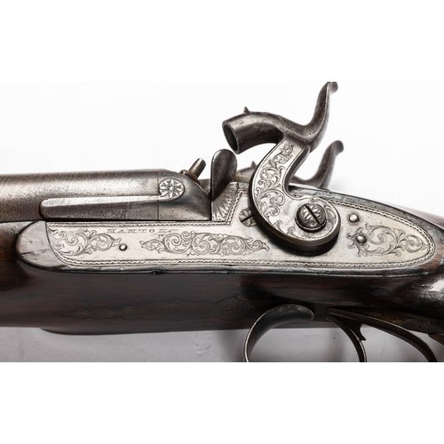 546 - Cased percussion cap shotgun and walking stick pistol, with side by side 75cm Damascus barrels, rib ... 