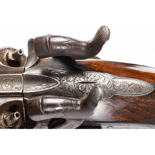 546 - Cased percussion cap shotgun and walking stick pistol, with side by side 75cm Damascus barrels, rib ... 