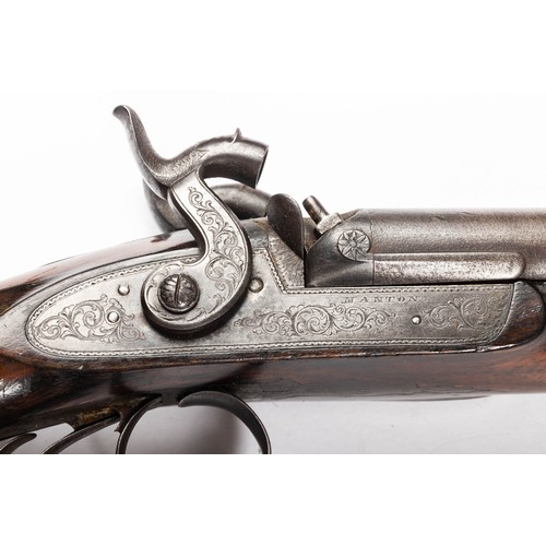 546 - Cased percussion cap shotgun and walking stick pistol, with side by side 75cm Damascus barrels, rib ... 
