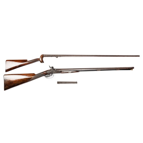 546 - Cased percussion cap shotgun and walking stick pistol, with side by side 75cm Damascus barrels, rib ... 