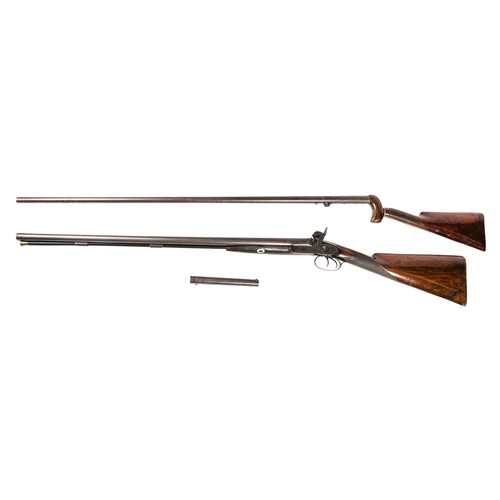 546 - Cased percussion cap shotgun and walking stick pistol, with side by side 75cm Damascus barrels, rib ... 
