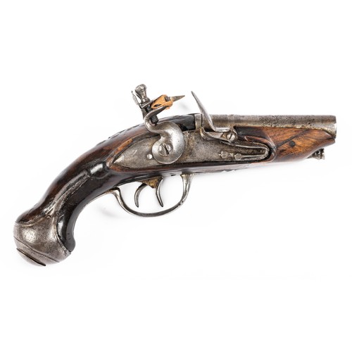 547 - French double barrelled flintlock pistol, 7cm side by side barrels, ribbed with several marks, plain... 
