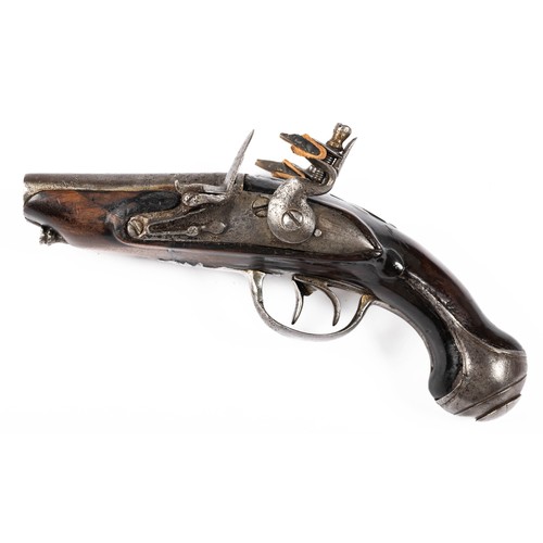547 - French double barrelled flintlock pistol, 7cm side by side barrels, ribbed with several marks, plain... 