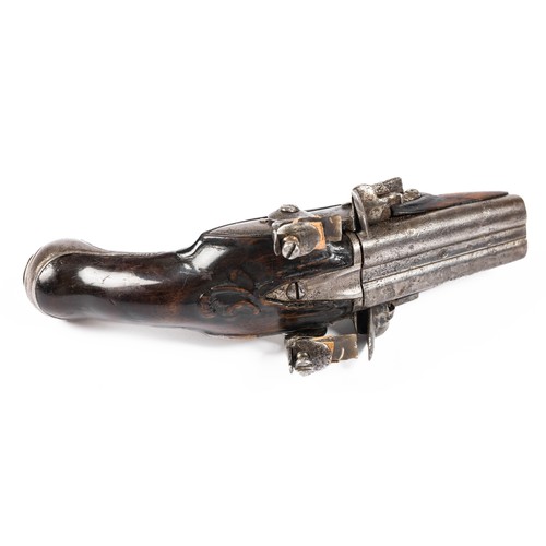547 - French double barrelled flintlock pistol, 7cm side by side barrels, ribbed with several marks, plain... 