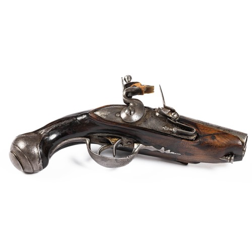 547 - French double barrelled flintlock pistol, 7cm side by side barrels, ribbed with several marks, plain... 