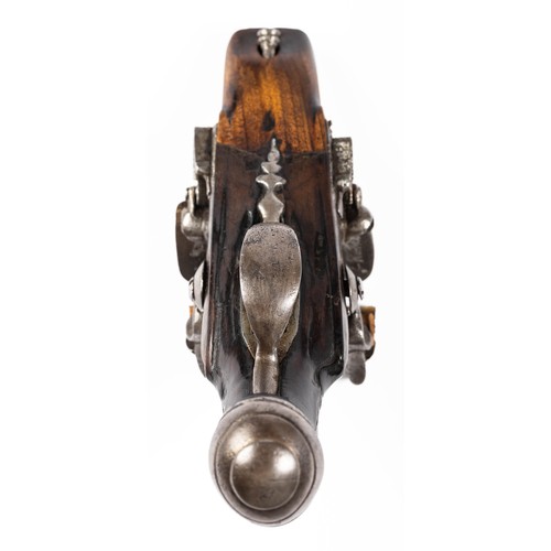 547 - French double barrelled flintlock pistol, 7cm side by side barrels, ribbed with several marks, plain... 