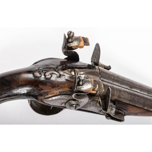 547 - French double barrelled flintlock pistol, 7cm side by side barrels, ribbed with several marks, plain... 