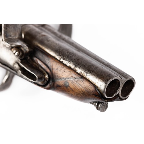 547 - French double barrelled flintlock pistol, 7cm side by side barrels, ribbed with several marks, plain... 