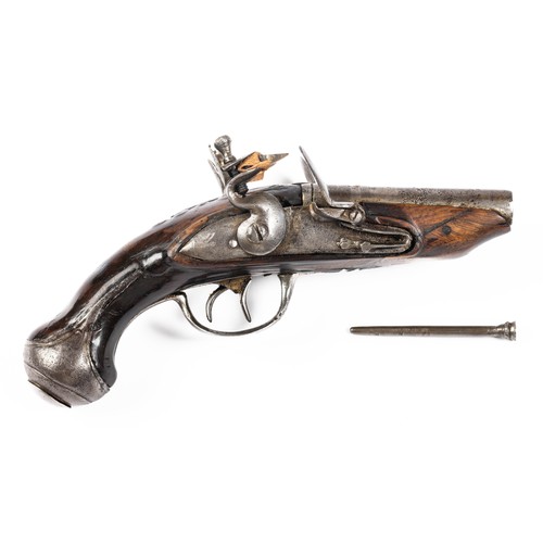 547 - French double barrelled flintlock pistol, 7cm side by side barrels, ribbed with several marks, plain... 