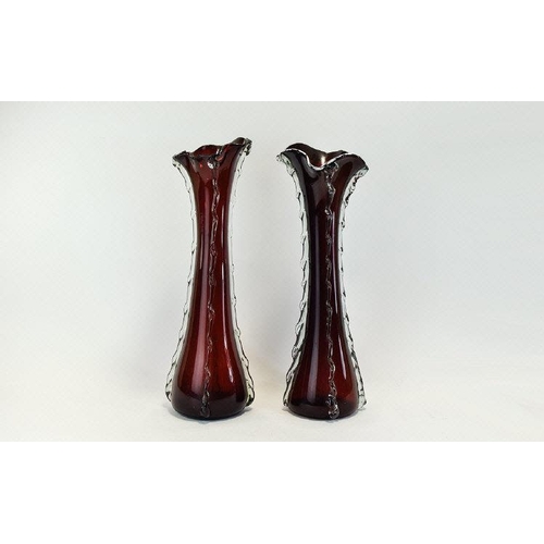 789A - Murano - Pair of Hand Blown Tall Ruby Red Coloured Vases with Applied Clear Glass and Elongated Tear... 