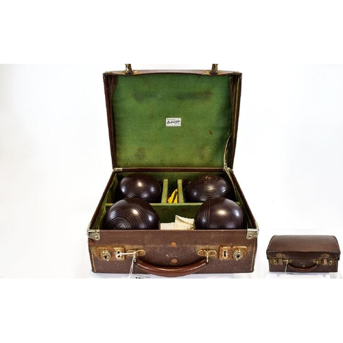 1593 - Cased Set Of Four Crown Green Bowls, Made By Henselite