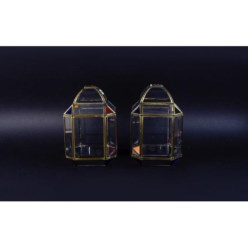 1597 - Two Modern Lantern Shaped Light Shades, Canted Corners With Coloured Glass Inserts, Antique Copper F... 