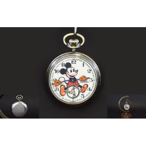 355 - Ingersoll Mickey Mouse Chrome Cased Mechanical Pocket Watch. c.1930's. With Original Watch Fob. In W... 