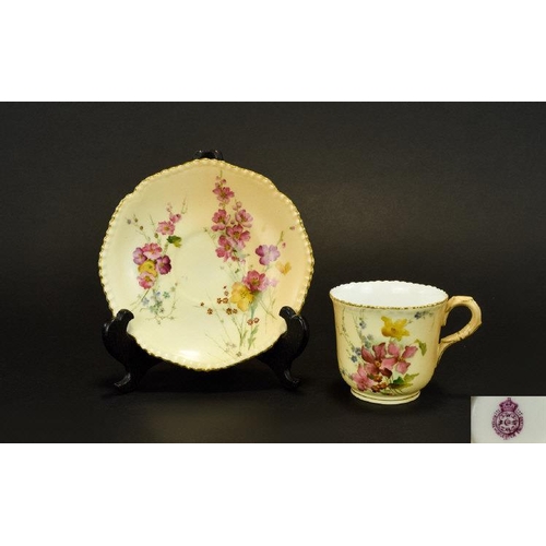 482 - Royal Worcester Blush Ivory Cup and Saucer. Both Decorated with Painted Images of Spring Flowers ( W... 