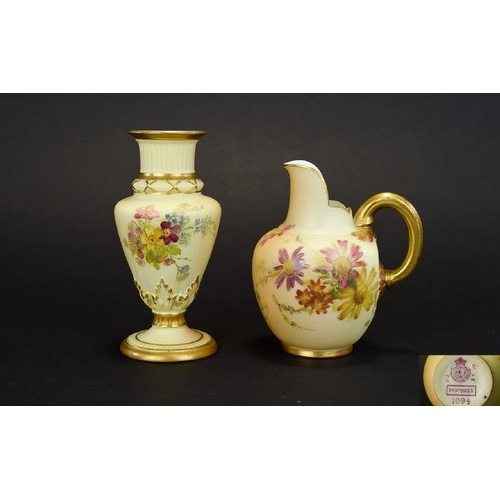 483 - Royal Worcester Blush Ivory Small Helmet Shaped Jug, Decorated with Painted Images of Spring Flowers... 