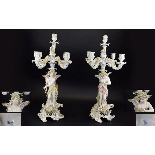 515 - Meissen - Very Fine and Stunning Pair of 19th Century Tall Porcelain Figural 5 Branch Candelabra, Bo... 