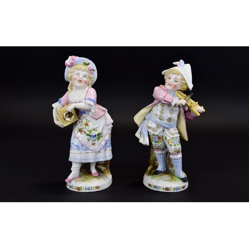 530 - Conta and Boehme Pair of Child Musician Matchbox Holder Figures, both boy and girl dressed in a past... 