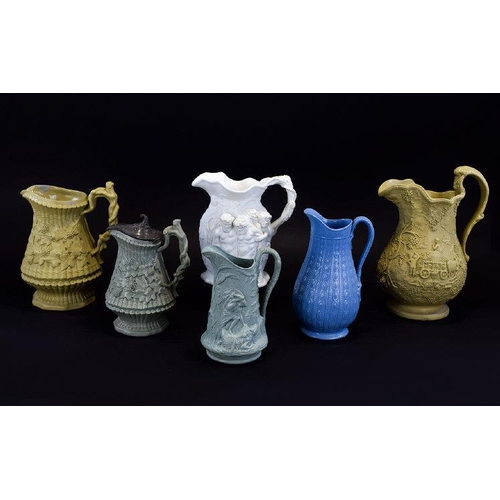 605 - A Good Collection of Mid 19th Century Moulded Jugs with High Relief Decoration to Bodies ( 6 ) Six J... 