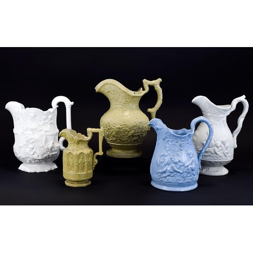 613 - A Fine Collection of Early to Mid 19th Century Relief Moulded Pewter Lidded Jugs ( 5 ) Five In Total... 