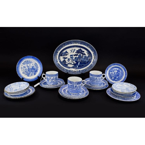 619 - Sutherland China Part Tea Service ( 11 ) Pieces ' Willow Pattern ' c.1900. Comprises 3 Trios - 1 Cup... 