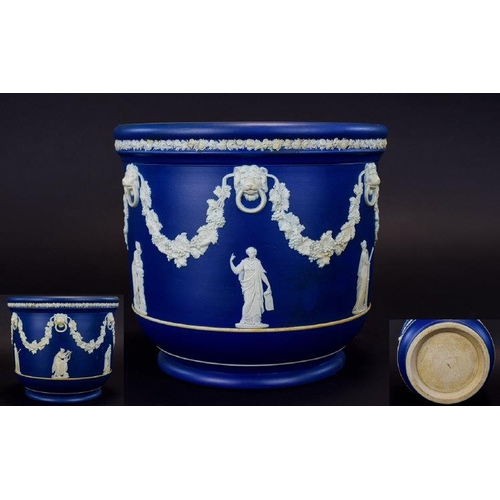 644 - Wedgwood Jasperware Planter, Earthenware planter in traditional blue and white neoclassical design w... 