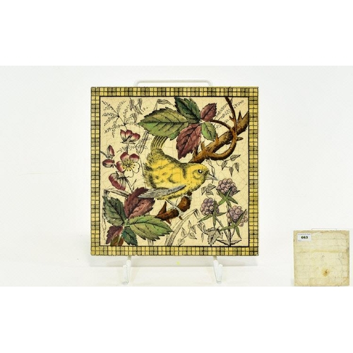 659 - Decorative Tile Late 19th/early 20th century transfer printed earthenware tile with yellow finch, bl... 