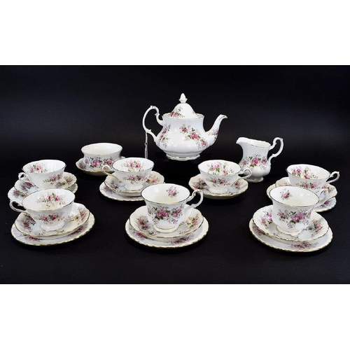 664 - Royal Albert 'Lavender Rose' Part Teaset comprises teapot, milk jug, sugar bowl and  6 cups, saucers... 