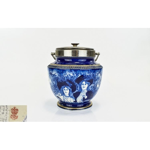 665 - Woods and Co Blue and White Ginger Jar with silver plated lid and handle. Featuring a picture to the... 