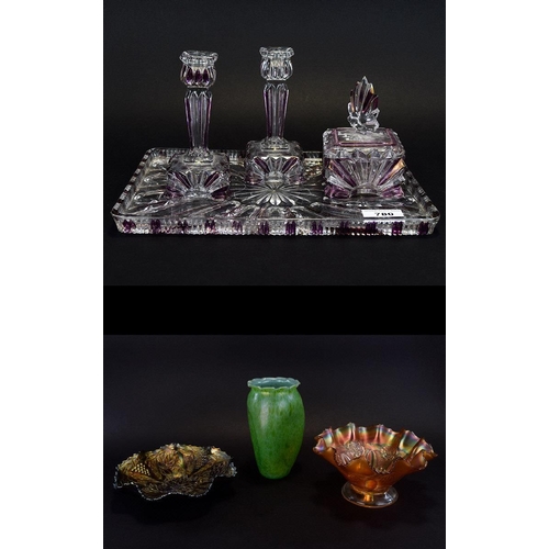 721 - Glass Dressing Table Set comprising a pair of candlesticks, trinket pot and lid and rectangular tray... 