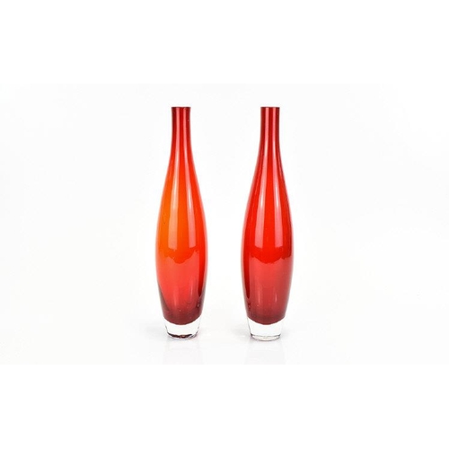 782 - A Pair Of Decorative Glass Vases Two in total of elegant contemporary form, each in scarlet tone gla... 