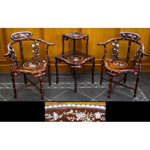 1053 - Pair Of 20thC Chinese Hardwood Corner Arm Chairs With Mother Of Pearl Floral Inlay, Carved Back Spla... 