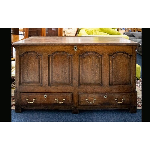 1079 - Large Oak Georgian Coffer Antique Bedding Box with brass escutcheon and handles with 2 bottom drawer... 