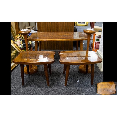 1086 - A Set Of Three Teak Coffee Tables Circa 1950's/60's With turned tapering splayed legs with chrome te... 