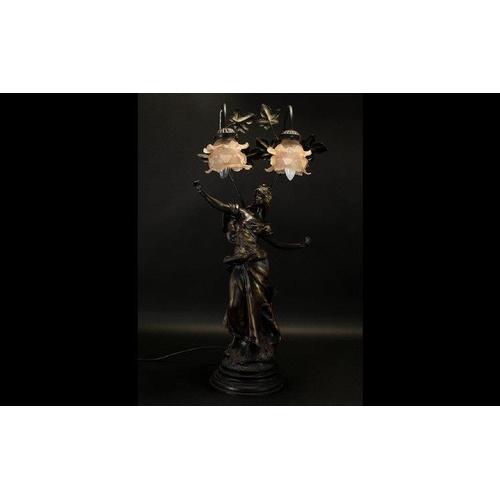 1108 - Large Figural Bronzed Effect Table Lamp, Modelled As A Classical Maiden, With Branch Supporting Two ... 