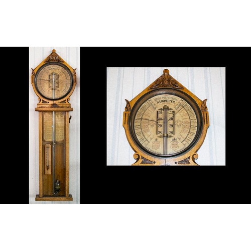 1112 - Royal Polytechnic Barometer Superb Quality Carved Golden Oak Cased Barometer By Joseph Davis & Co Fi... 