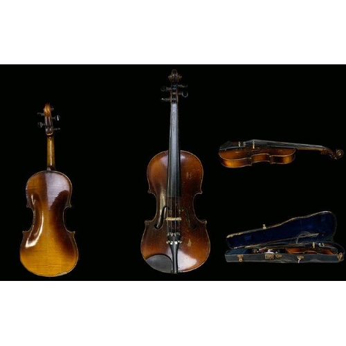 1115 - Three Quarter Size Violin In Wooden Case With Bow, Re-String, Two Piece Back, Stradivarius Paper Lab... 