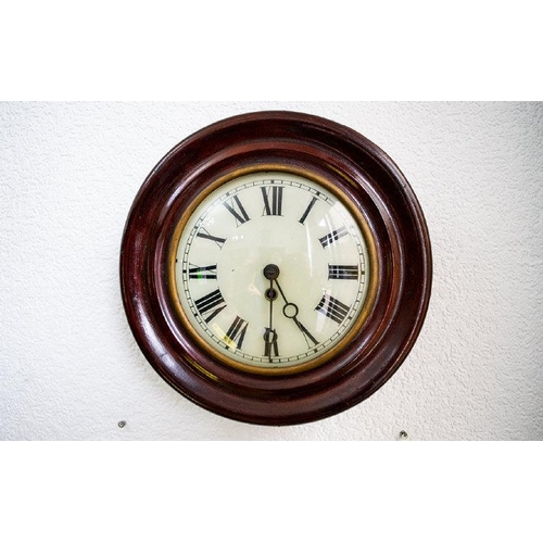 1122 - Antique Period Mahogany Cased Railway School Round Dial Wall Clock. c.1900-1910. Quality Single Bras... 