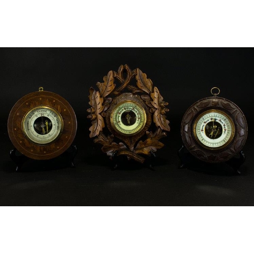 1123 - Collection of Small Antique Wall Hanging Circular Barometers ( 3 ) Black Forest Hand Carved Leaves -... 