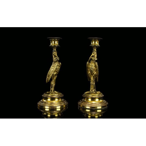 1236 - A Pair Of Late 19th Century Candlesticks In The form Of A Crane With Gecko Two brass candlesticks on... 