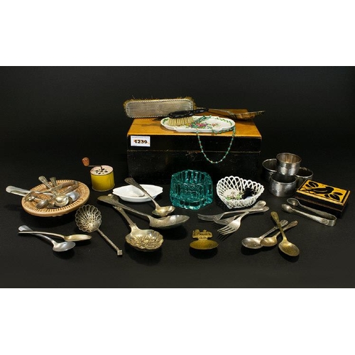 1239 - Hinged Box Containing Miscellaneous Lot Of Flatware Ceramics And Costume Jewellery Approx 12 items, ... 